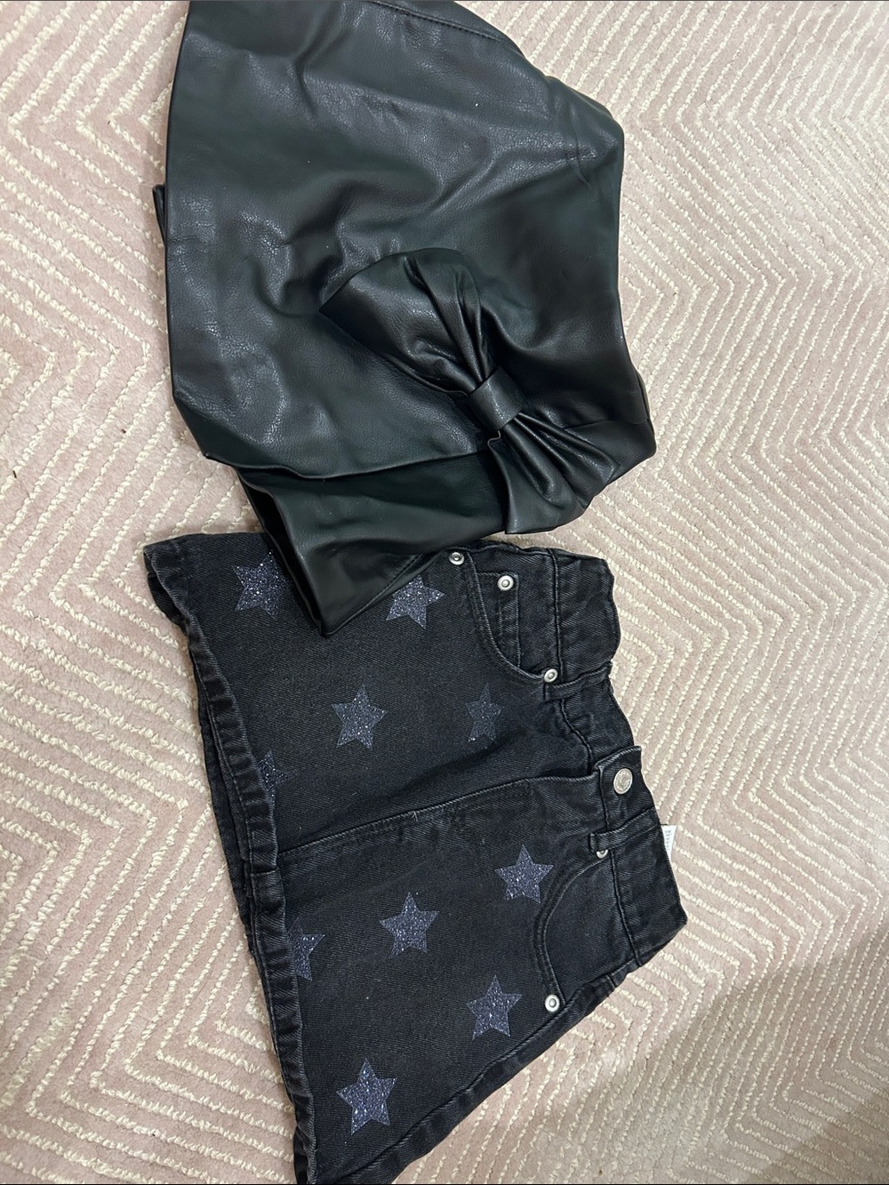 Zara Black Denim Mini Skirt with Blue Star Print & leather